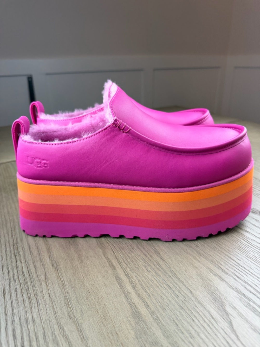 UGG Hot Pink Platform Clog with Orange and Yellow Striped Sole